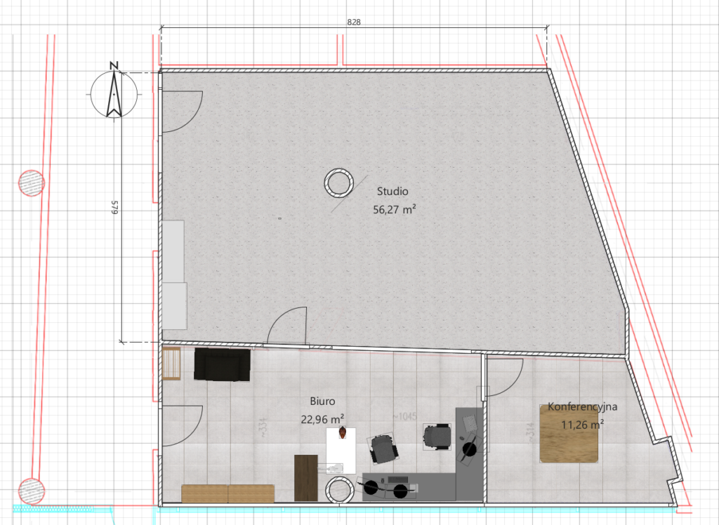 Plan studia 56,27 m², biura 22,96 m² i sali konferencyjnej 11,26 m²